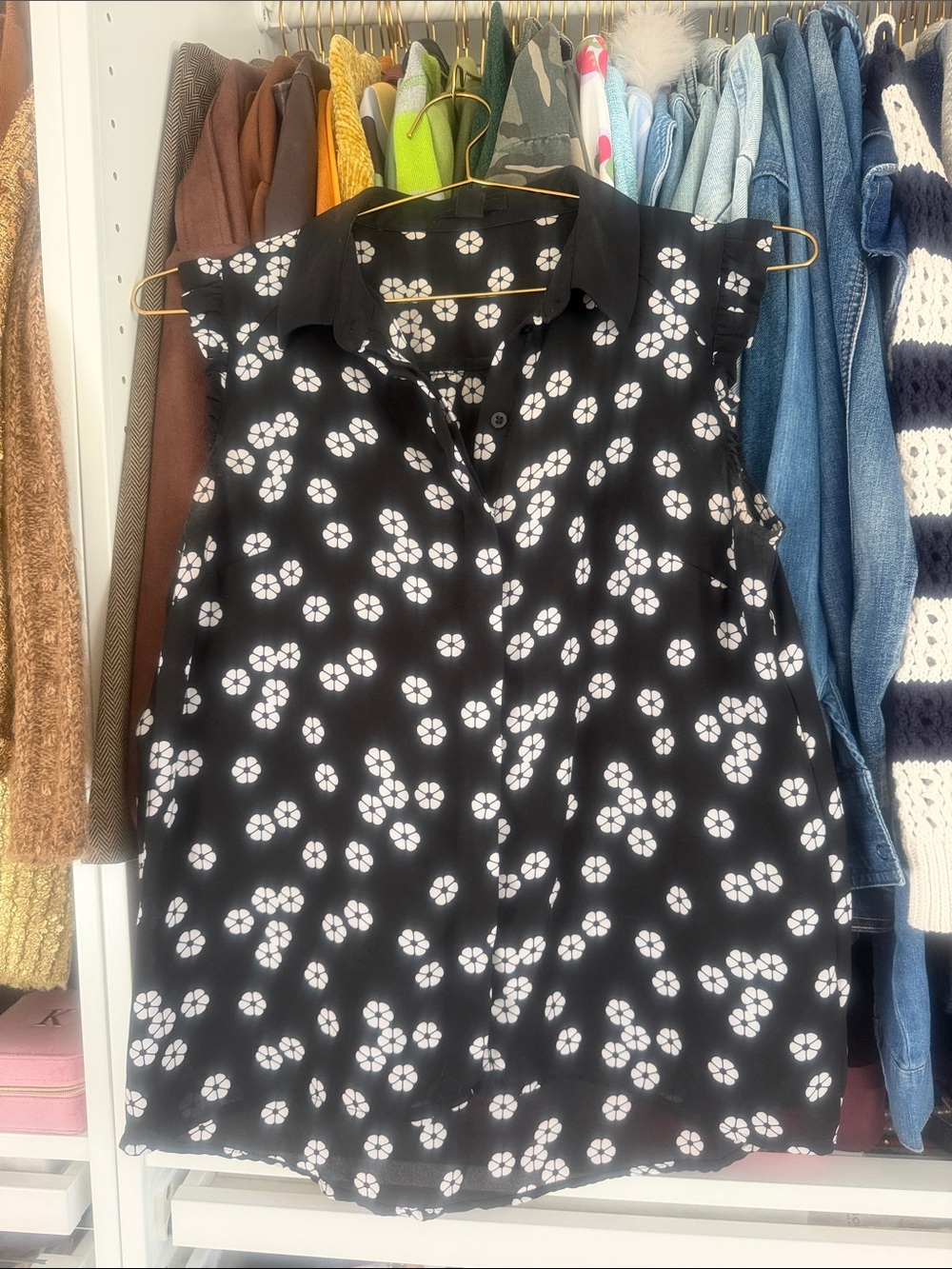 Sleeveless Black Floral Button-Front Blouse